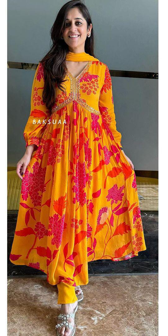 Keshav Chinon Digital Printed Alia Cut Readymade Suits Wholesalers In Delhi
